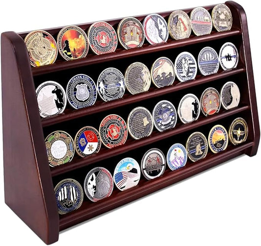 4 Rows Military Wooden Challenge Coin Display Case - Wall Mountable Army Holder Stand Rack, Holds 32 Coins, Mahogany