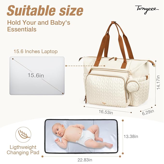 Diaper Bag Tote, Large Baby Diaper Bags Waterproof, Hospital Bag for Labor Delivery with Pacifier Case, Changing Pad, Shoulder Strap, Beige