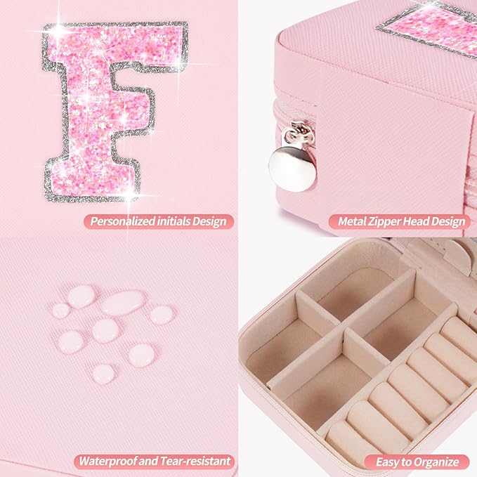 Personalized Jewelry Case for Women Girls - Fashion Mini Jewelry Boxes - Trendy Travel Jewelry Organizer with Initials Letter - Teen Gifts | Pink,F
