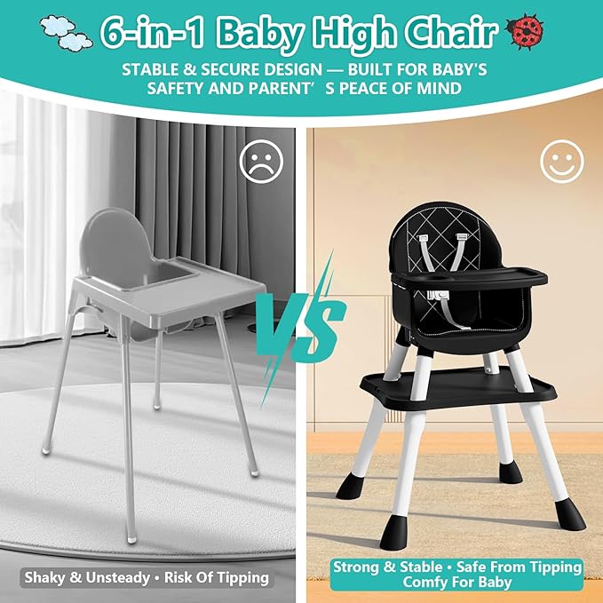 6 in 1 Baby High Chair for Babies and Toddlers, Booster Seat, Kids Learning Table & Chair (Black)