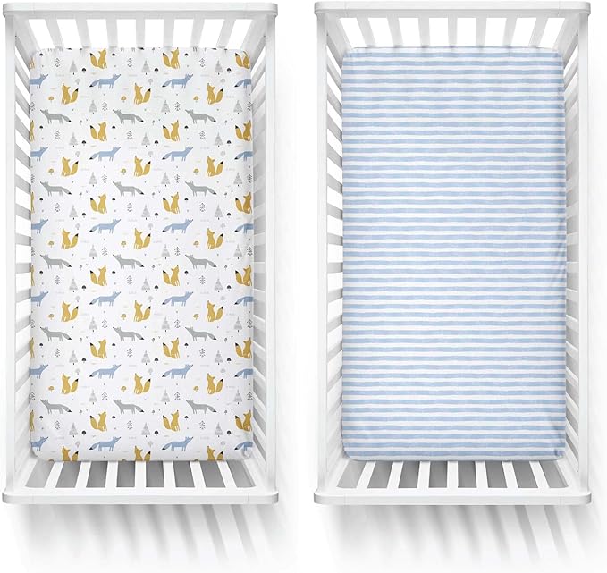 Featherhead™ 2-Pack Fitted Crib Sheets - 100% Cotton - 52" x 28" x 9" for Standard Crib and Toddler Mattress (Jersey Blue Foxes)