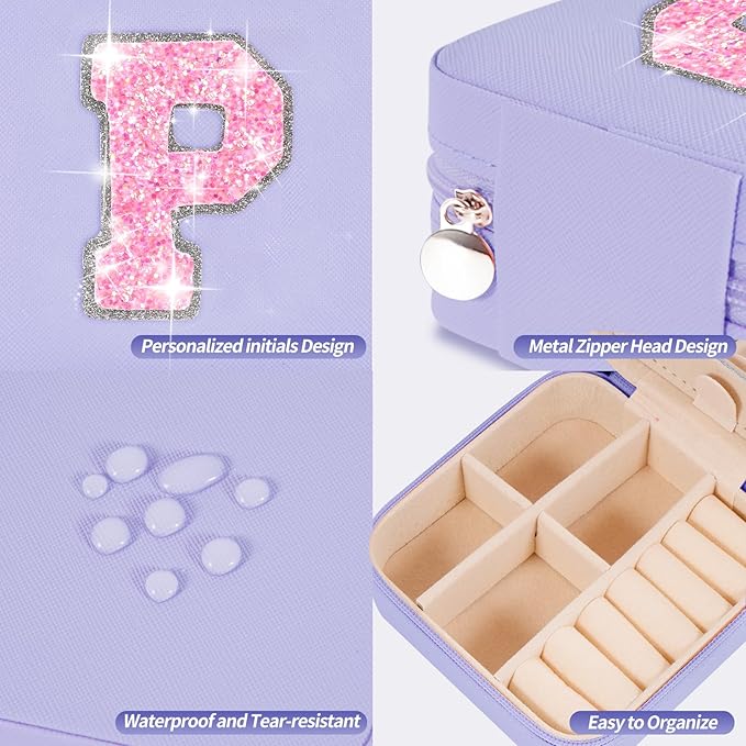Travel Jewelry Case - Personalized Jewelry Box for Women,Small Jewelry Organizer Cute Jewelry Organizers and Storage Aesthetic,Travel Essentials Birthday Gifts for Girls Women | Lavender,P
