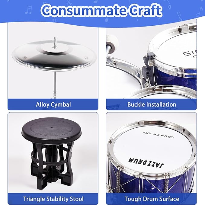 Tinylife Kids Drum Set, Toddlers Musical Toys Drum Kit with 5 Drums, Stool, Sticks and Cymbal Kids Musical Instruments Toy Set for 2 3 4 5 Year Old Boys Girls Gifts