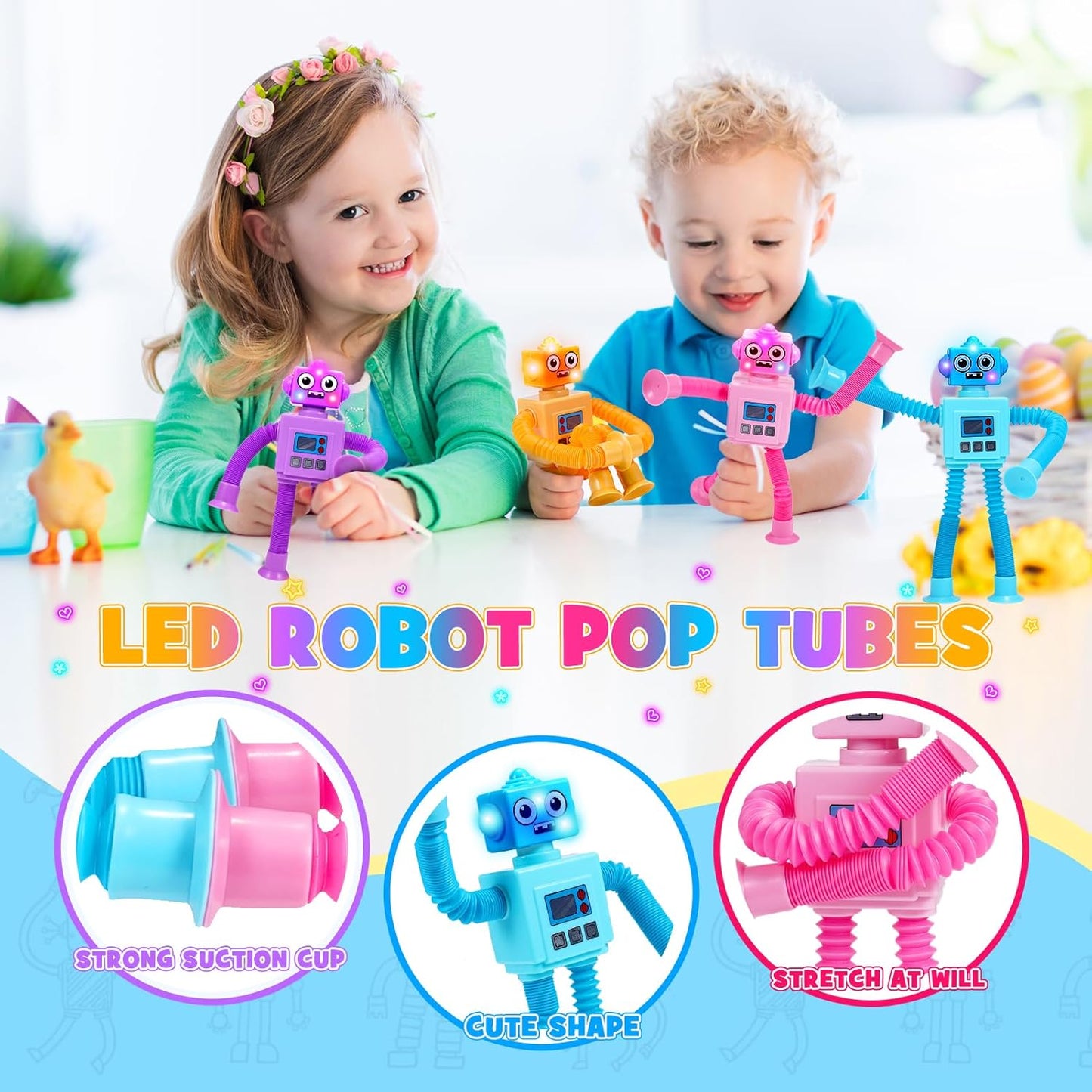 Robot Fidget Toys for Kids : 4 Pack LED Robotic Pop Tubes Telescopic Suction Cup Sensory Toy for 2 3 4 5 6 7 8 Year Old Boys Girls Christmas Birthday Gifts for Kid Ages 2-4 Toddler Travel Toy