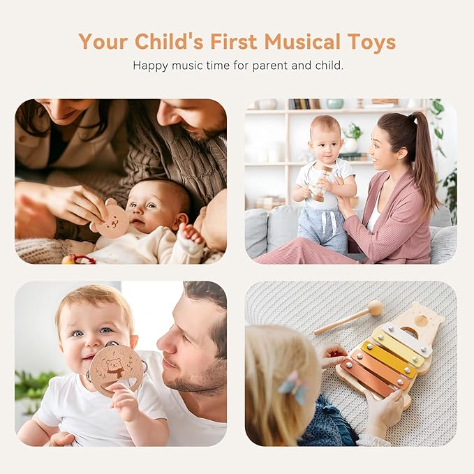 Baby Musical Instruments - Your Child's First Musical Toys with Castanet Rainmaker Tambourine Xylophone - Baby Friendly Design Wooden Instruments Set Grow with Your Boys and Girls