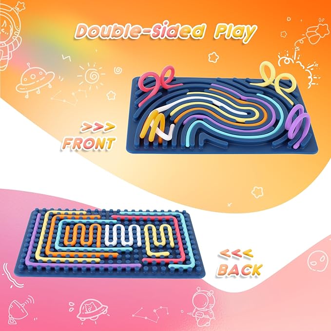 Sensory Activity Board, Silicone Fidget Toy for Stress Relief, Calming, Focus, ADHD and Autism, 6 Colors Sensory Toys Game Controller for Kids 2+ & Adults with 20 Strings (Navy Blue)