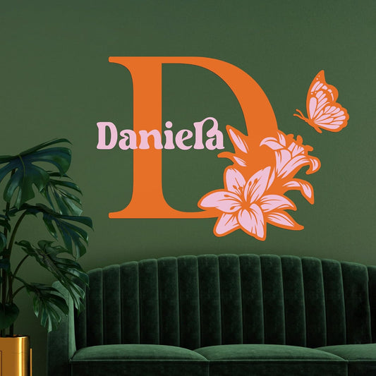 CRYPTONITE Custom Name & Initial with Lily and Butterfly I Flower Wall Decals for Bedroom Decor | Custom Decal for Girl Bedroom Decor I Pink Room Decor for Little Girl Room Decor (B. Flower)
