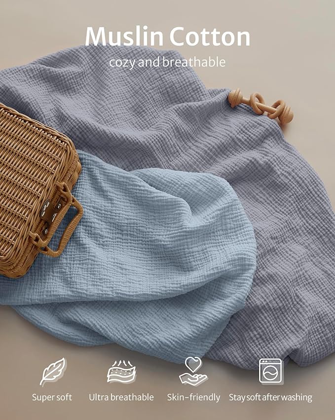 Blissful Diary Muslin Bassinet Sheets for Baby Girls Boys, Boho Soft Cotton Fitted for Oval Hourglass Rectangle Mattress, 2 Pack(Light Blue&Grey)