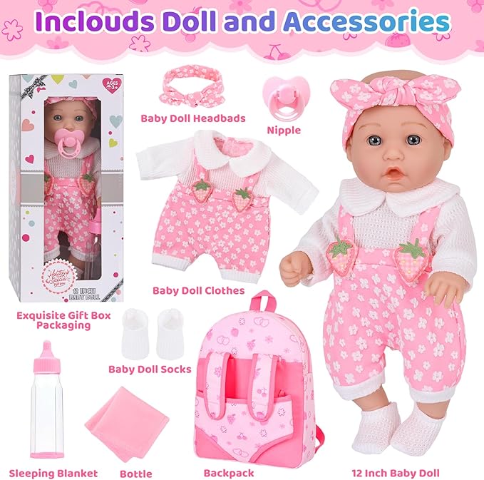 DONTNO 12" Baby Doll with Backpack Carrier in Gift Box,12 Inch Realistic Baby Dolls with Clothes and Accessories,Toy Pretend Play Collection for 3+ Child Girls Gifts
