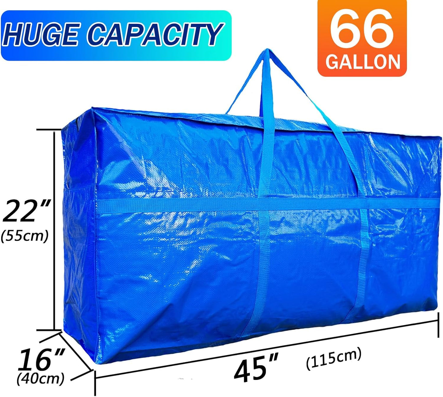 66 Gallon Extra Large Storage Bags, Huge Moving Bags Heavy Duty with Zipper and Stronger Handles, Big Foldable Duffle Bag for Travel, Storage Totes Moving Boxes for College, Christmas Tree,Blue,2 Pack