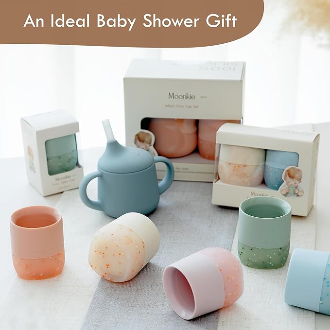 Moonkie Baby Training Cup & Sippy Cup Set | 4 Months+ | Baby-Led Weaning Essential | Gift for Infants (Mint Cup Set, 2 Pack)