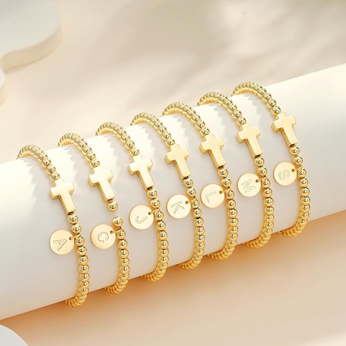 Gold Initial Bracelets for Women Girls Kids, Dainty 18K Gold Plated Cross Initial Bracelet Non Tarnish Beaded Bracelets Personalized Birthday Gifts for Women Girls Jewelry