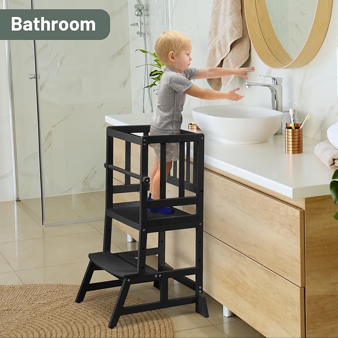 COSYLAND Toddler Standing Tower - Adjustable Height Toddler Kitchen Stool Helper - Kids Kitchen Step Stool for Learning with Removable Safety Railing Black