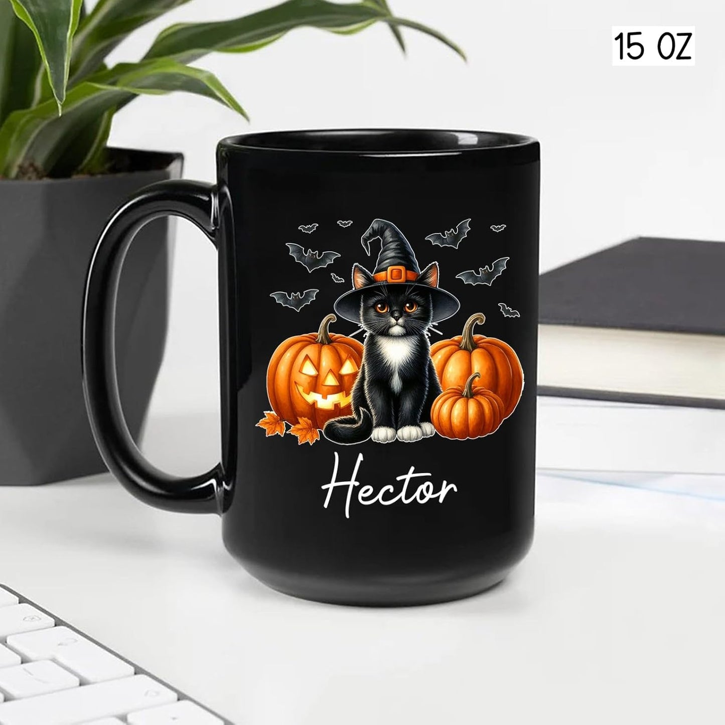 Custom Tuxedo Halloween Coffee Mugs with Name, Personalized Tuxedo with Pumpkins Ceramic Cups, Cat Wearing Witch Hat Black Mug, Cat Halloween Cup 11oz 15oz, Gift for Men Women Pet Lover