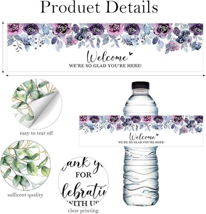 100PCS Wedding Water Bottle Labels Waterproof Greenery Floral Wraps Sticker for Water Bottle Baby Shower Bottle Label for Bridal Shower Party Welcome A05