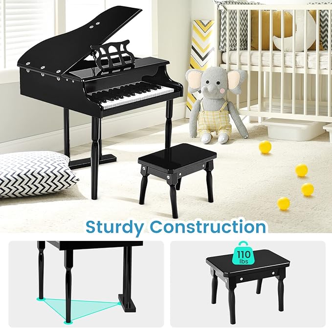 Goplus 30-Key Classical Kids Piano, Mini Grand Piano Wooden Learn-to-Play Musical Instrument Toy with Bench, Piano Lid, Music Rack, Gift for Boys Girls Aged 2+ Baby Tollder(3 Straight Leg-Black)