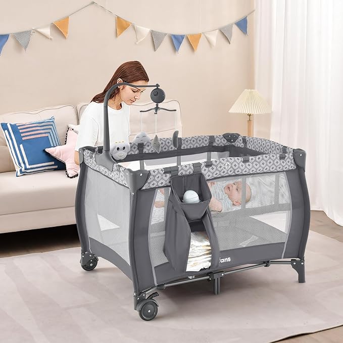 INFANS 3 in 1 Pack and Play, Portable Travel Baby Crib Bassinet with Detachable Mattress, Newborn Changing Table, Foldable Playpen with Carry Bag and 2 Wheels (Classic)