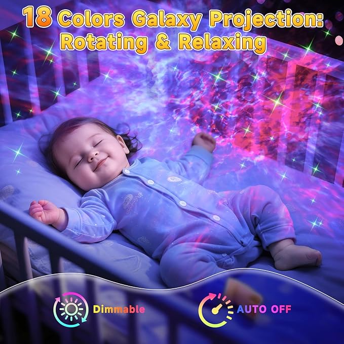 PIKOY Dinosaur Night Light & Sound Machine Baby | 22 White Noises+18 RGB Colors Galaxy Light Projector & Soothing Music | Bluetooth Speaker+Remote+Timer White Noise Machine | Dinosaur Gifts for Boys