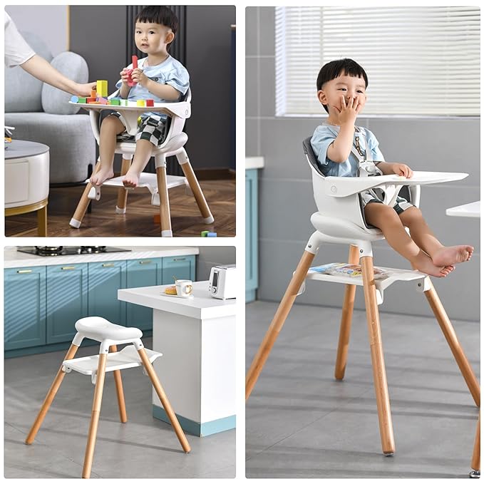 High Chair, 6 in 1 Wooden Convertible High Chairs for Babies and Toddlers, Booster Seat with Double Tray & Reversible Footrest Baby Highchair, 5-Point Harness Baby Feeding Chair, Grey