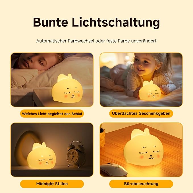 Cute Bunny for Kids Dimmable Baby Room Nightlight, Rechargeable Touch Bedside Nursing Lamp, LED Soft Silicone Novelty Animal Night Light, Halloween Bedroom Decor,Christmas Woman and Kids Gifts