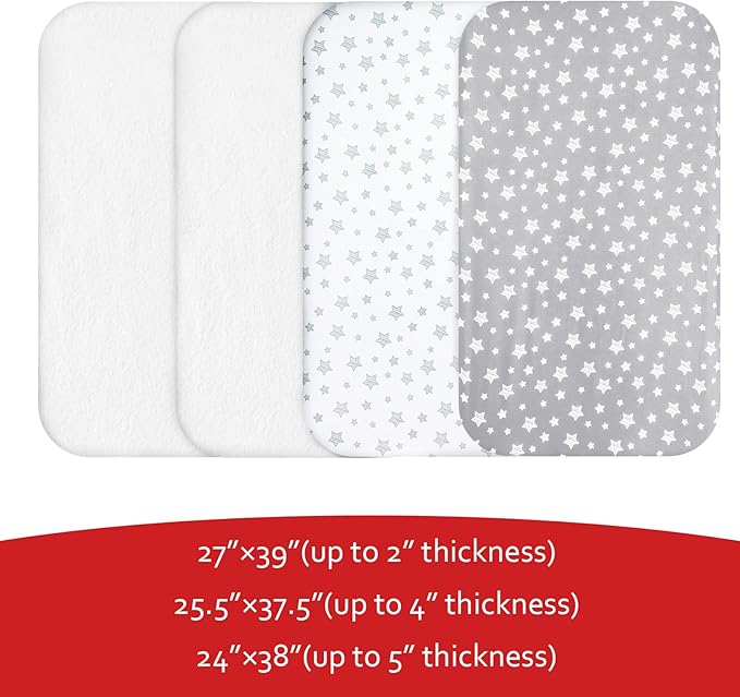 Pack and Play Sheets & Waterproof Terry Pack N Play Mattress Protector Pad Cover 4 Pack, Viscose Terry Pack N Play Sheets Set, Grey & White