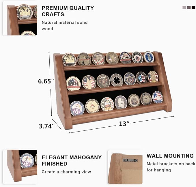 3 Rows Solid Wood Military Challenge Coin Holder Display - Holds 21-24 Coins, Army Coin Rack Display Case Stand for Wall Mount or Tabletop, Walnut