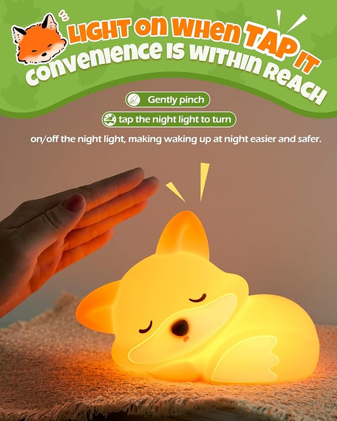 Cute Fox Night Light, Animal Lamp, Food Grade Silicone, Rechargeable, 2 Level Dimmable, Squishy Nursery Nightlight for Desk Decor, Funny Gifts Stuff for Boys Girls Baby, White Elephant Gifts