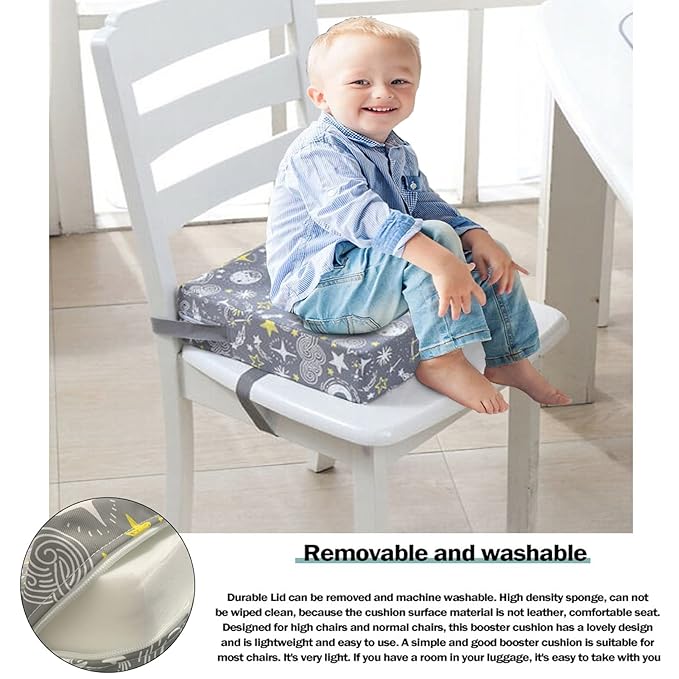 Taeku Booster Seat for Dining Table, Portable Kids Toddler Booster Chair Increasing Cushion Cartoon Seat Pad with 2 Safety Buckles for Kitchen Restaurant (Planet Grey)