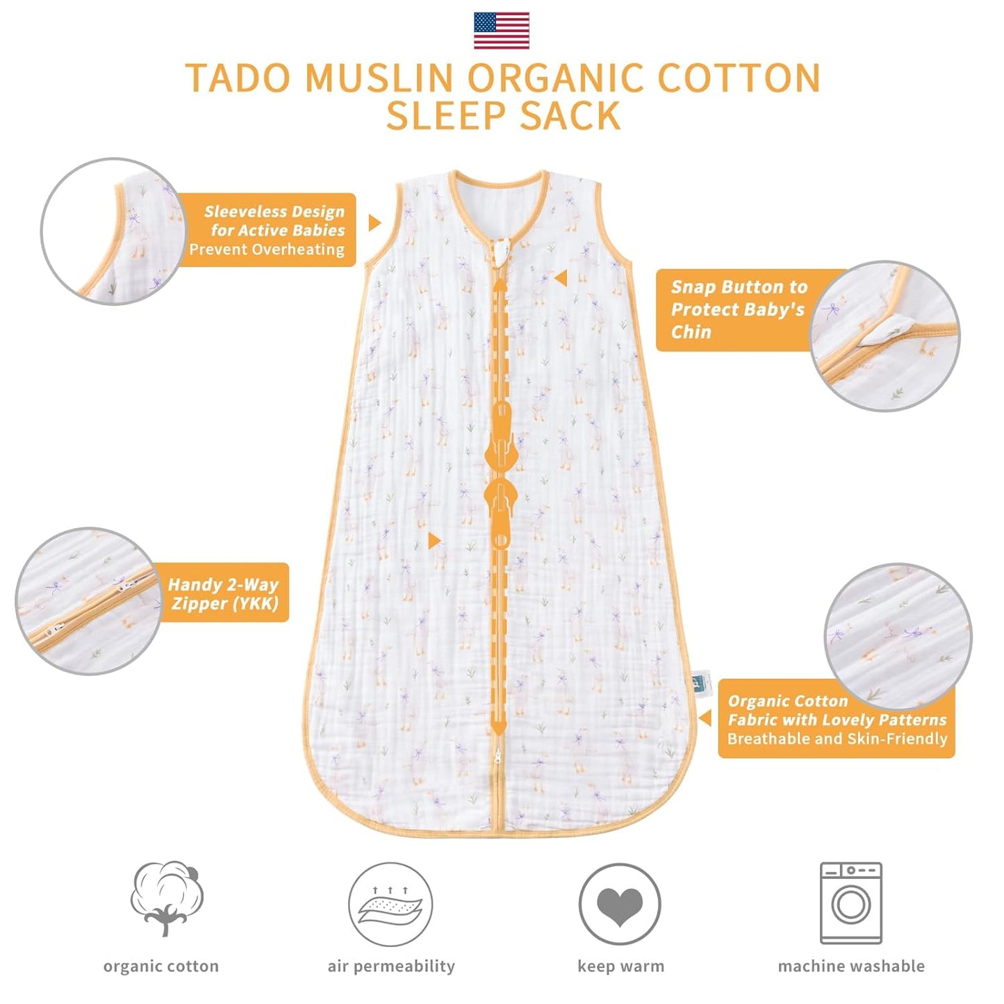 Baby Sleep Sack 2-4 T Baby Wearable Blanket 100% Organic Cotton 0.5 TOG Toddler Sleep Sacks 2- Way Zipper Soft 4 Layers 2T 3T 4T Goose