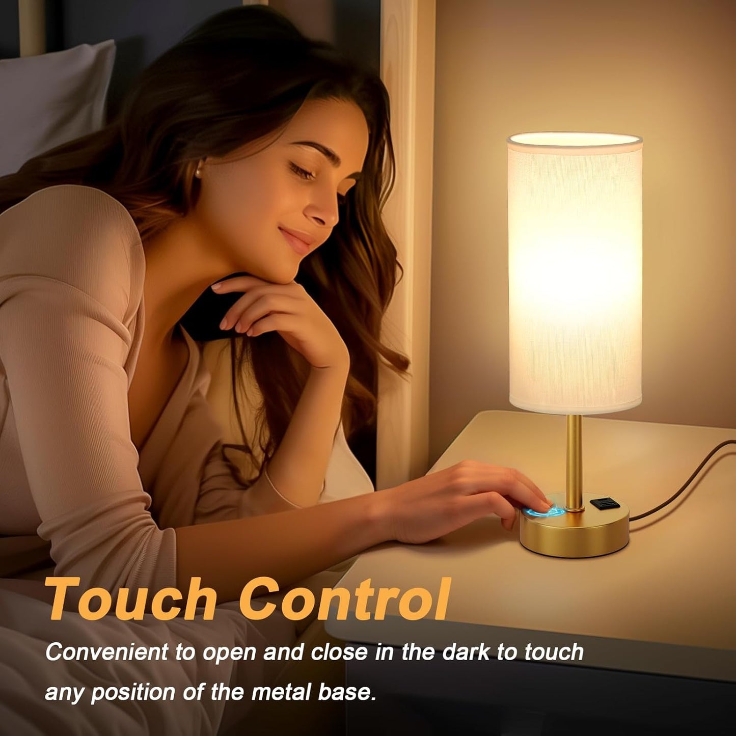 Elegant Gold Touch Table Lamp, Modern Wedding Gift for Couples, Bedside Lamps with USB-C USB-A Charging Ports, 3 Way Dimmable Small Lamp for Office, Living Room, Bathroom