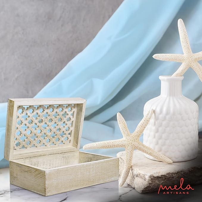 Mela Artisans Wooden Keepsake Box | Whitewash Mango Wood Memory & Photo Storage Box with Hinged Lid | Decorative Storage Box | Large | 9x6x3.5 Inch