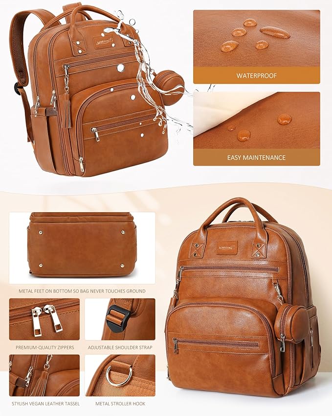 Premium Vegan Leather Diaper Bag Backpack with Waterproof Changing Pad, Reinforced Zippers & Odor-Free, 20 Pockets Pro Organizer, Fits 15.6" Laptop, Stroller Straps, Baby Bag for Mom, Brown