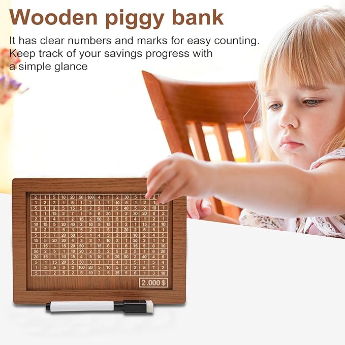 10000 Savings Challenge Box, Money Saving Box with Money Target and Numbers, Cash Vault Wooden Savings Box, Wooden Money Box, Coin Counter Piggy Bank for Adults, Wooden Coin Bank for Kids 2,000