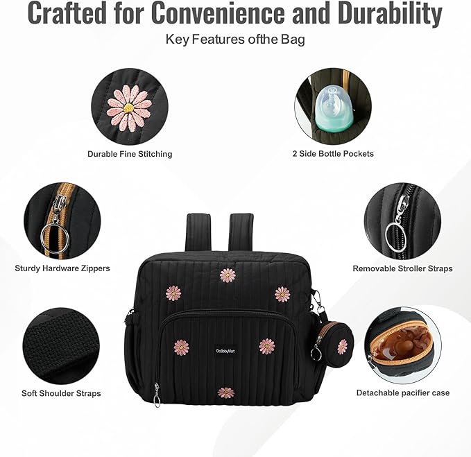 Diaper Bag Backpack, Medium Maternity baby bag & Changing Pad, Insulated Pockets, Stroller Straps & Pacifier Case (Medium - Black Flowers)