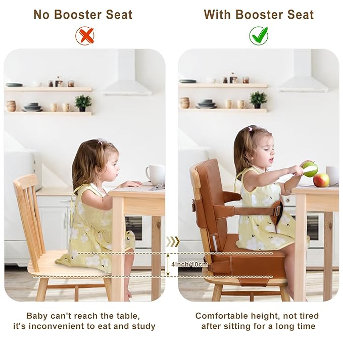 Toddler Booster Seat for Dining Table, Non-Slip Kitchen Chair Booster Seat with Backrest and Adjustable Straps, Portable PU Waterproof Travel Baby Booster Increasing Cushion