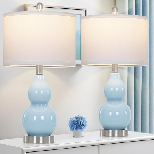 22" Double Gourd Ceramic Table Lamps Set of 2, Blue Modern Bedside Lamps for Living Room, Contemporary Nightstand Desk Lamps for Bedroom End Table Home Office Study Room Decor(2 LED Bulbs Included)