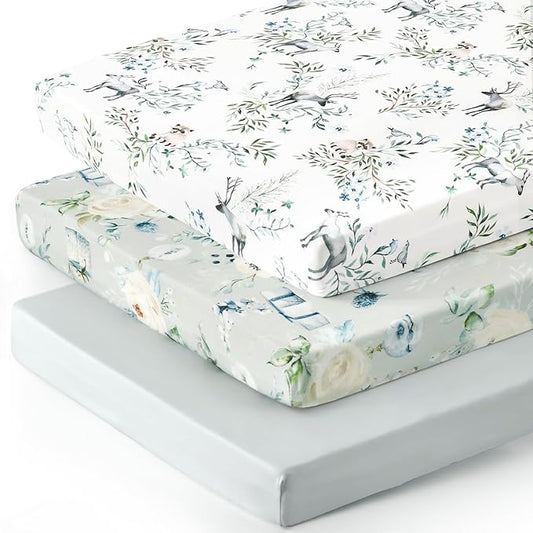 Stretchy Ultra Soft Jersey Knit Pack and Play Sheets Set 3 Pack, Portable/Mini Crib Sheets for Baby Girls, Universal Fit for Pack N Plays Safe and Snug, Stylish Print