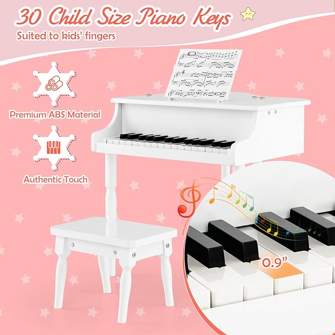 Goplus 30-Key Classical Kids Piano, Mini Grand Piano Wooden Learn-to-Play Musical Instrument Toy with Bench, Piano Lid, Music Rack, Gift for Boys Girls Aged 2+ Baby Toddler(3 Straight Leg-White)