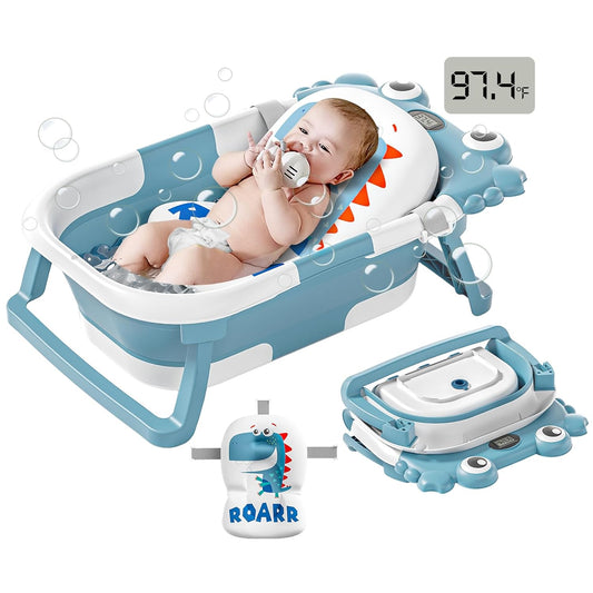 Collapsible Baby Bathtub for Newborns to Toddler with Real-time Temp Monitor & Floating Cushion,Portable Travel Tub for 0-36 Month, Foldable Baby Bath Tub for Infants Boy (Light Blue)