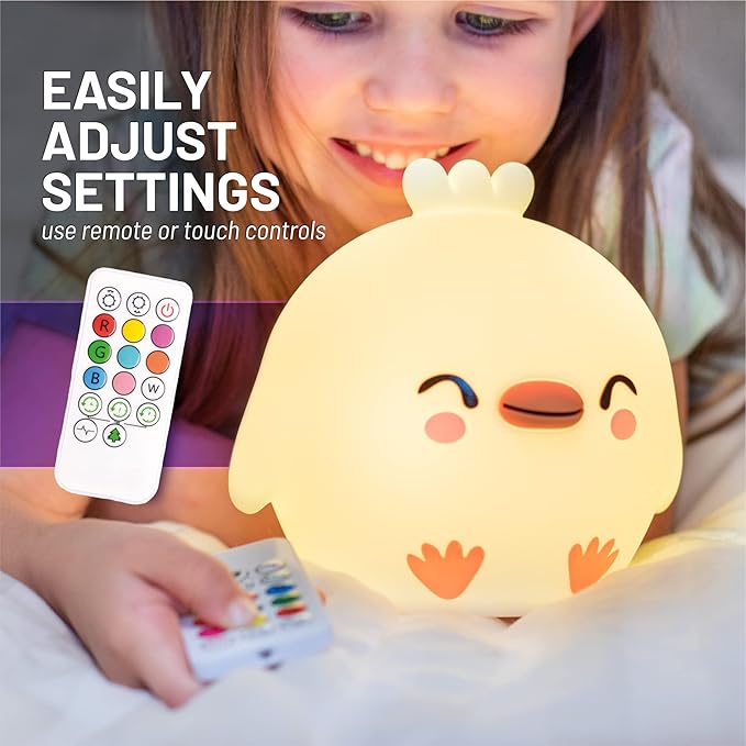 Lumipets Clara The Chick Squishy Silicone Night Light for Kids | Cute Night Light with Remote & Touch Control for Baby & Toddler Bedrooms | Color Changing Portable Animal Nightlight | Soft Mood Lamp