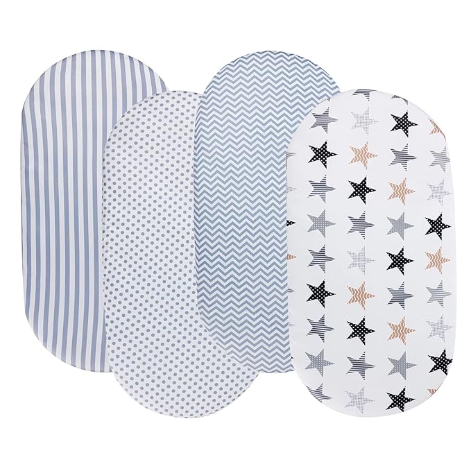 Onacosht Bassinet Sheets for Baby Boy and Girl, Stretchy Breathable Fitted Sheet Universal for Bassinet Cradle Hourglass Oval Rectangle Pad/Mattress, 4 Pack Stripes Dots Chevrons and Stars ﻿