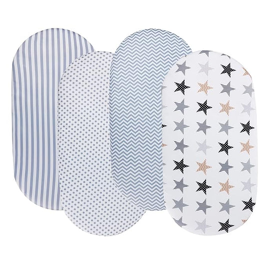 Onacosht Bassinet Sheets for Baby Boy and Girl, Stretchy Breathable Fitted Sheet Universal for Bassinet Cradle Hourglass Oval Rectangle Pad/Mattress, 4 Pack Stripes Dots Chevrons and Stars ﻿