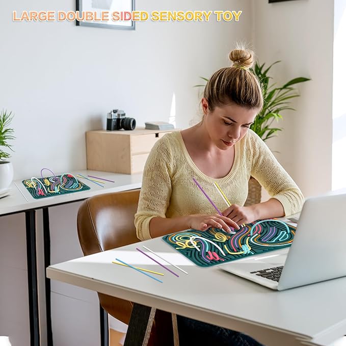 Extra Large Sensory Activity Board, 11.6"*7.87" Upgraded Double Sided Silicone Fidget Toy for Calming, Stress, Anxiety, ADHD & Autism, Sensory Toys for Kids 3+ & Adults with Travel Bag & 40 Strings