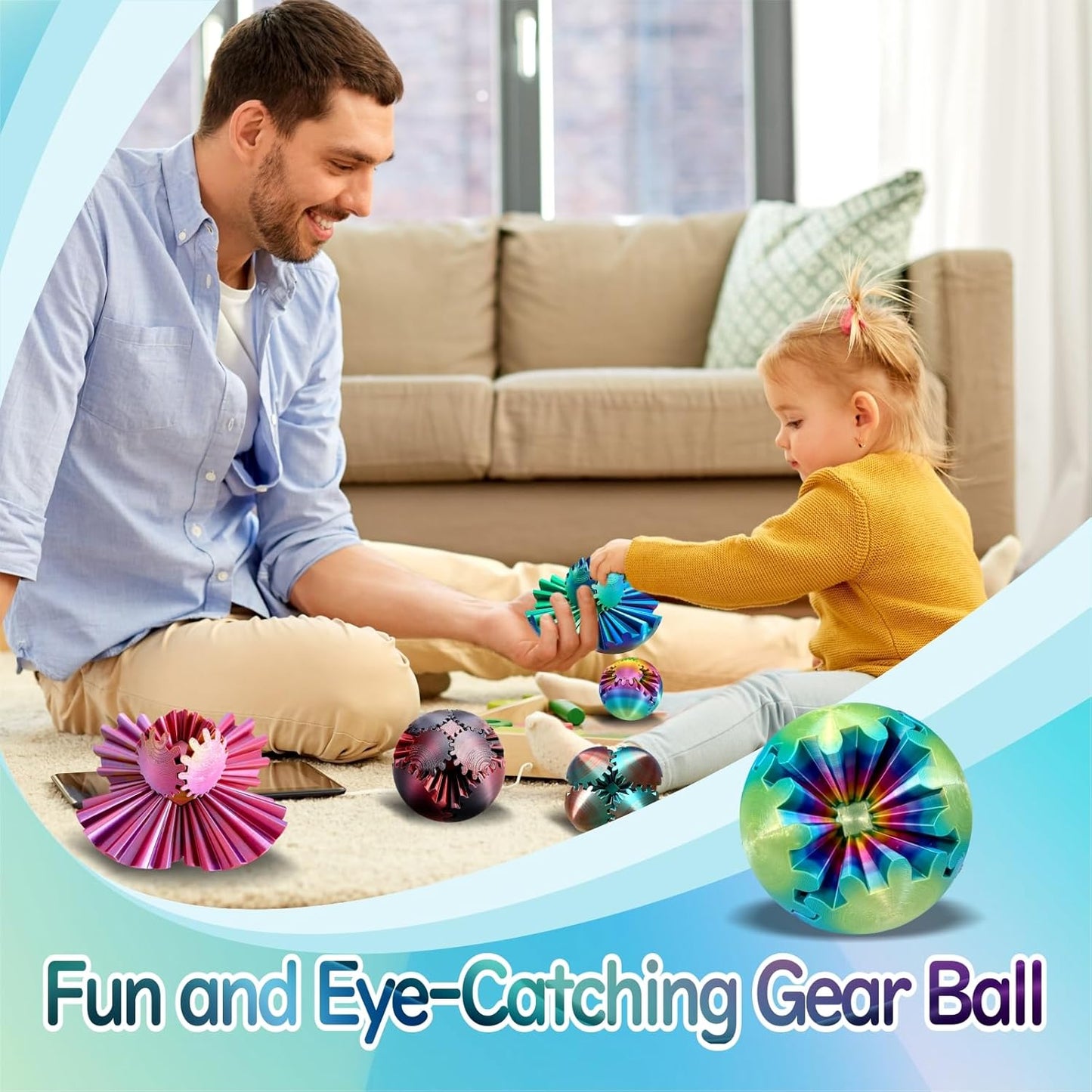 Gear Ball - GearSphere Fidget Toy, 3D Printed Gear Ball Spin Ball Cube Desk Toy, 2024 Gear Sphere Cube Puzzlefor Adults Kids, Stress and Anxiety Relaxing Fidget Toy (Iridescence)