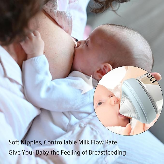 Natural Glass Baby Bottle for Breastfeeding Babies, 3oz Newborn Anti-Colic Baby Bottle with Slow Flow Nipples (SS), Clear, Wide Neck, 4 Pack, 0 Months+