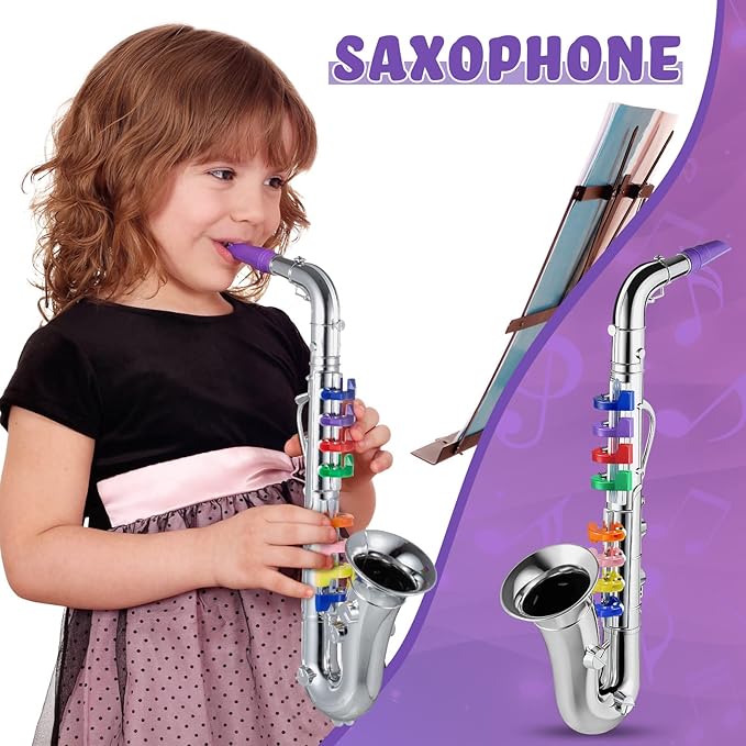 Amylove Set of 2 Musical Instruments for Kids Including Toy Saxophone and Kids Clarinet Plastic Toy Instruments Saxophone Clarinet with 8 Colored Keys Educational Home School Music Gift(Silver)