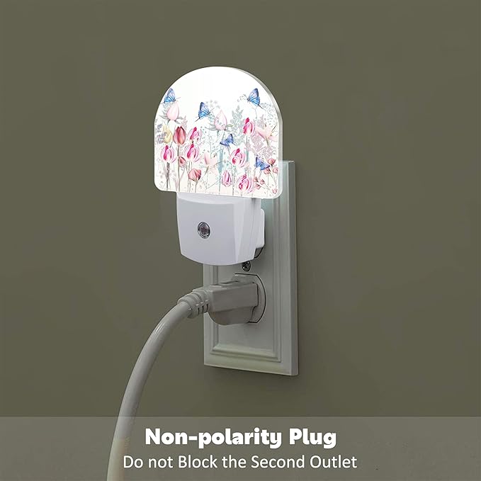 Pink Tulip Flowers and Butterflies Night Light Plug into Wall,Watercolor Spring Floral Dusk to Dawn Night Light Plug in,0.5w Energy Saving Sleep Friendly NightLight for Kids Boys Girls Home Decor