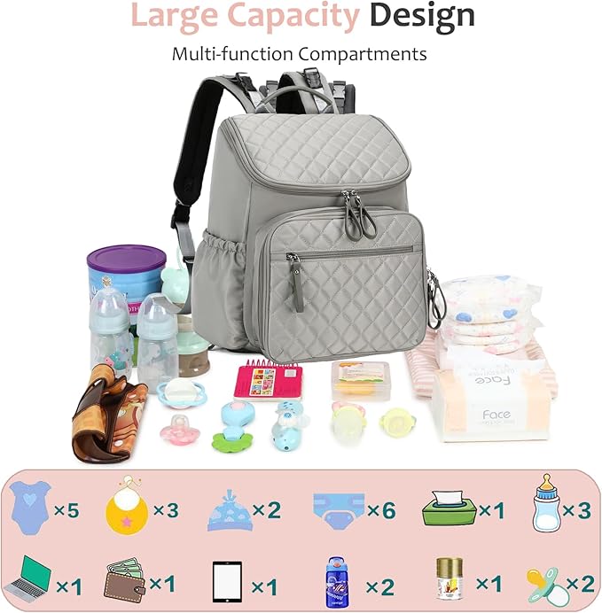 Large Capacity Diaper Bag Backpack with Stroller Buckle, Water-Resistant Travel Baby Bag with Insulated Pockets (Classic, Grey)
