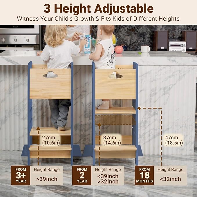 COSYLAND Toddler Standing Tower Adjustable Height - Super Stable Kids Kitchen Stool Helper - 3 Levels Adjustable Wooden Toddler Kitchen Stool (Natural & Navy Blue)