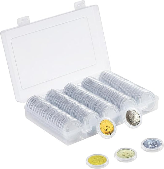 100Pcs 30mm Coin Holders with 5-Size Foam Gasket, Plastic Coin Capsules for Collectors, Clear Coin Case with Storage Organizer Box for Coin Collection Supplies, White Gasket 17/20/25/27/30mm